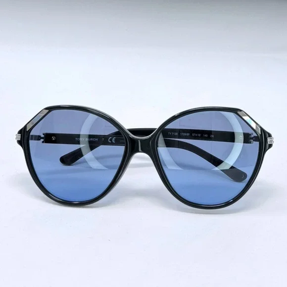 Tory Burch TY7138 Black Geometric Cat Eye Sunglasses Blue Gradient Lenses - Picture 14 of 14